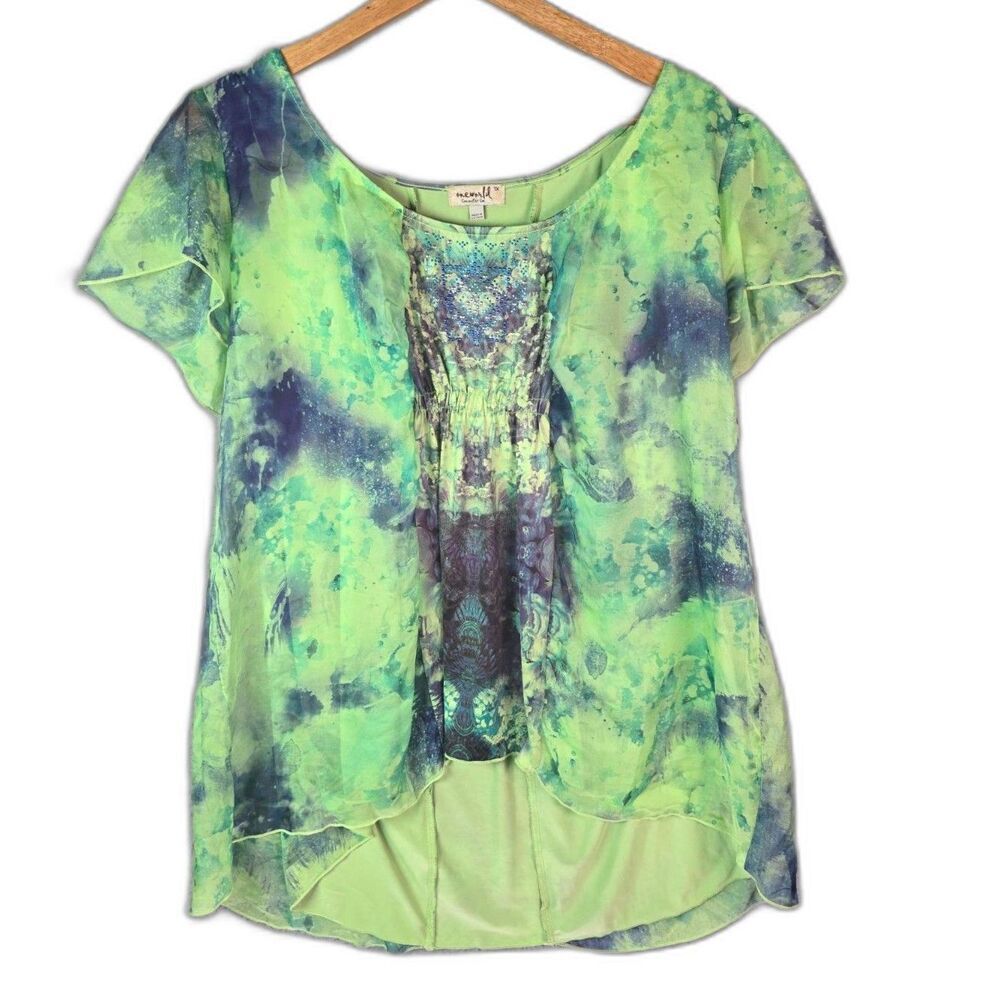 One World Beaded Print Tunic XL Green Navy Whimsigoth Boho Sheer Cap Sleeve